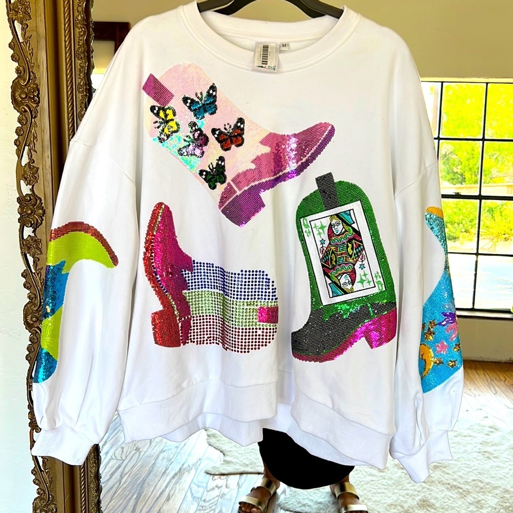 Queen of sparkles QOS boots sequin sweatshirt